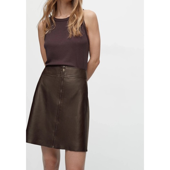 Massimo Dutti Dresses & Skirts - Massimo Dutti Mini A Line Skirt Genuine Leather Brown Front Zip Large NWT $200